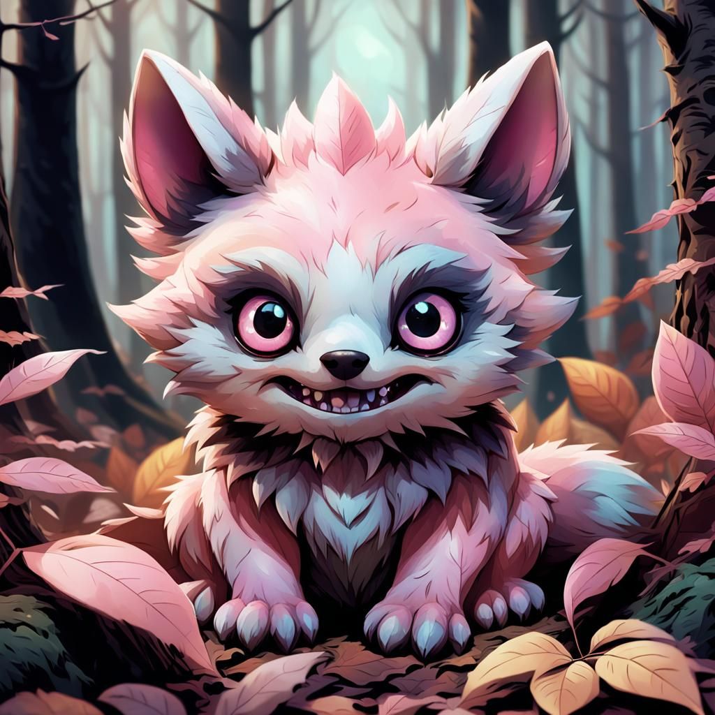 Unsettlingly Sweet Plush Creature in Dim Forest