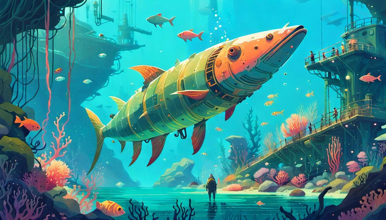 Surreal Polychromatic Underwater Seascape with Rocket Train