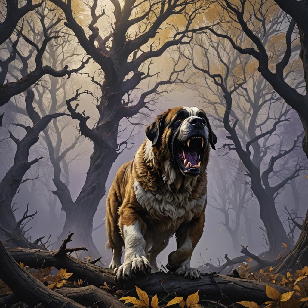 Terrifying Rabid Saint Bernard in Dark Fantasy Art