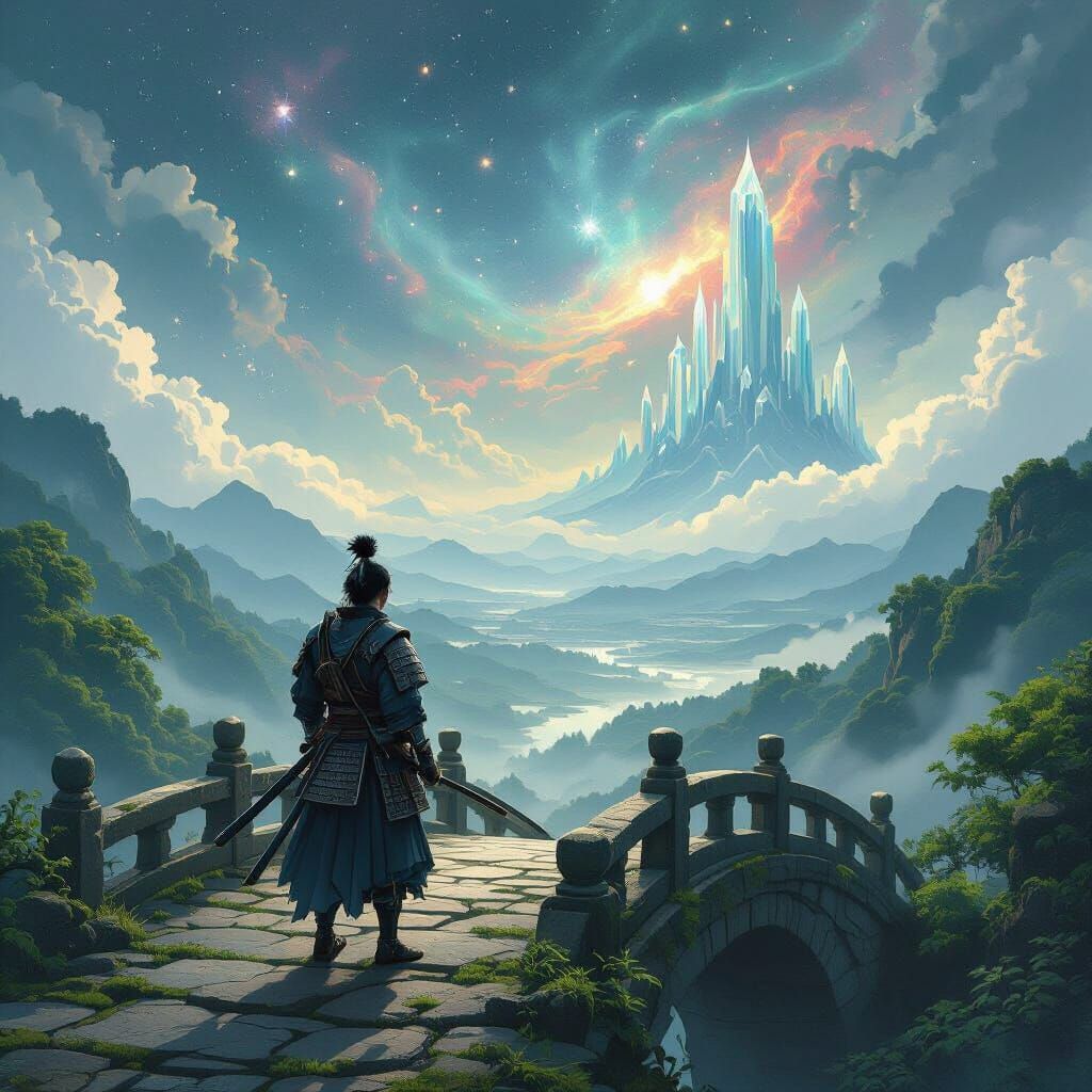 Samurai on Ancient Bridge in Japanese Ink Wash Style