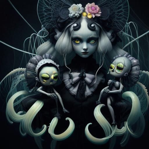 Surreal Doll with Yellow Eyes and Neon Headdress