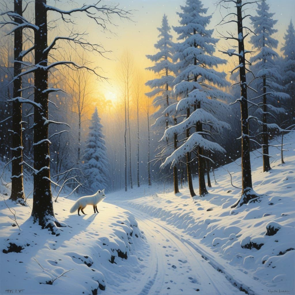 Snowy Forest Landscape with White Fox Oil Painting