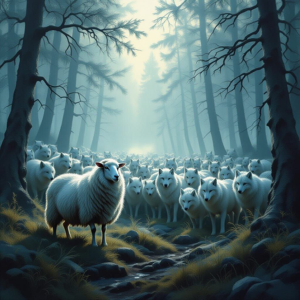 Lone Sheep Among Wolves in Misty Forest