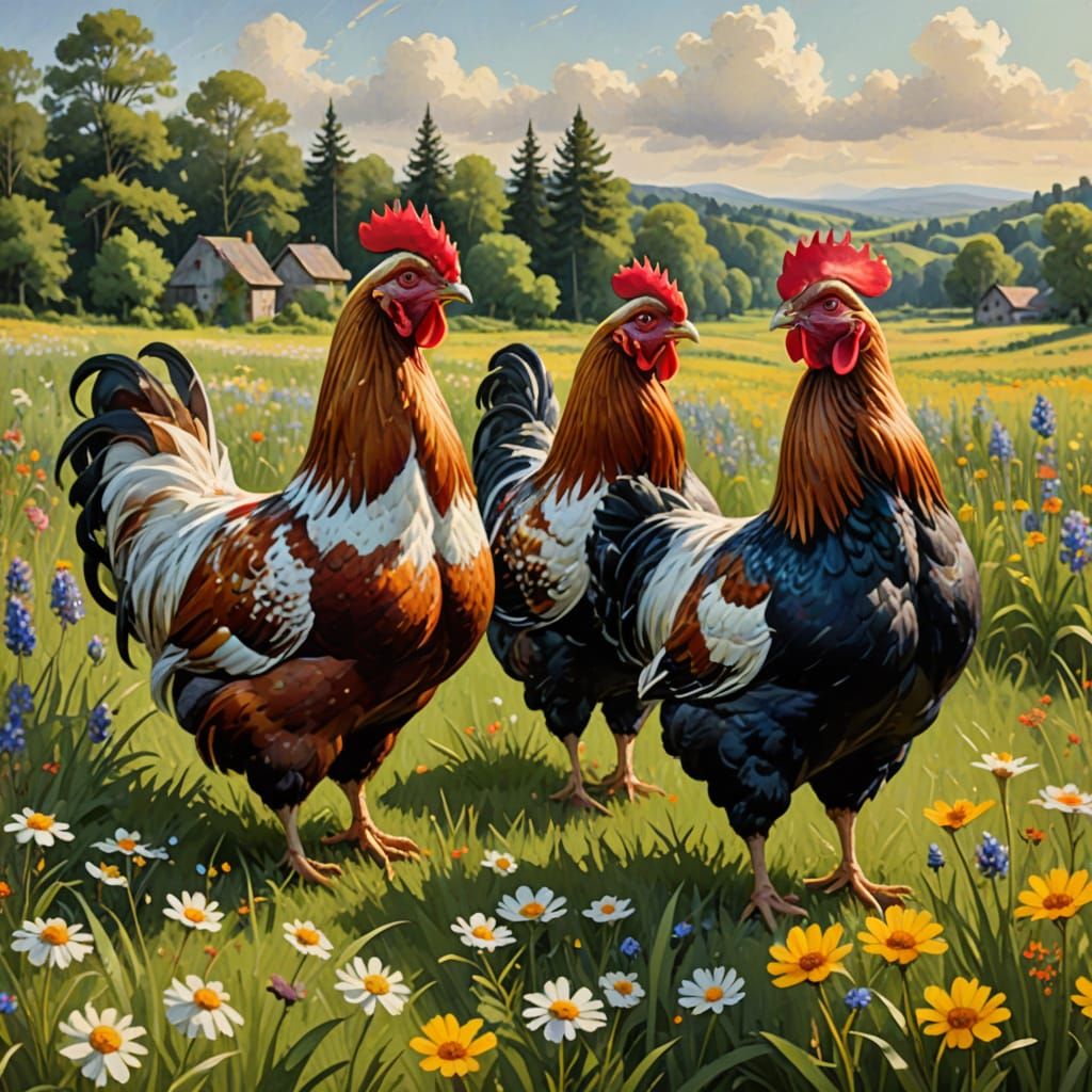 Impressionist Hens in Wildflower Field