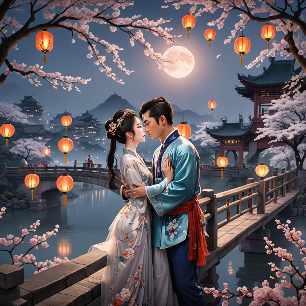 Romantic Embrace Under Moonlit Blossoms in Chinese Watercolo...