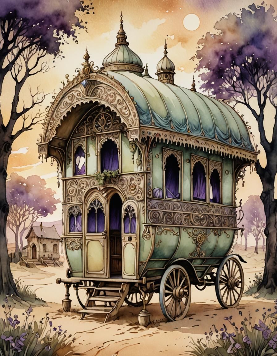 Gothic Gypsy Caravan in Watercolor Style