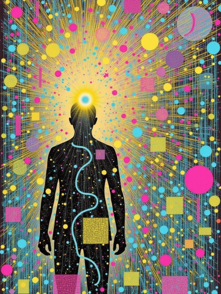 Lone Figure in Neon Digital Labyrinth