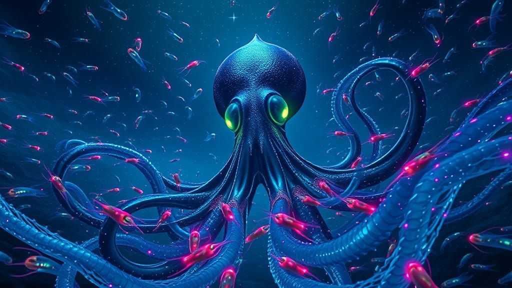 Glowing Giant Squid Surrounded by Cuttlefish in Deep Ocean