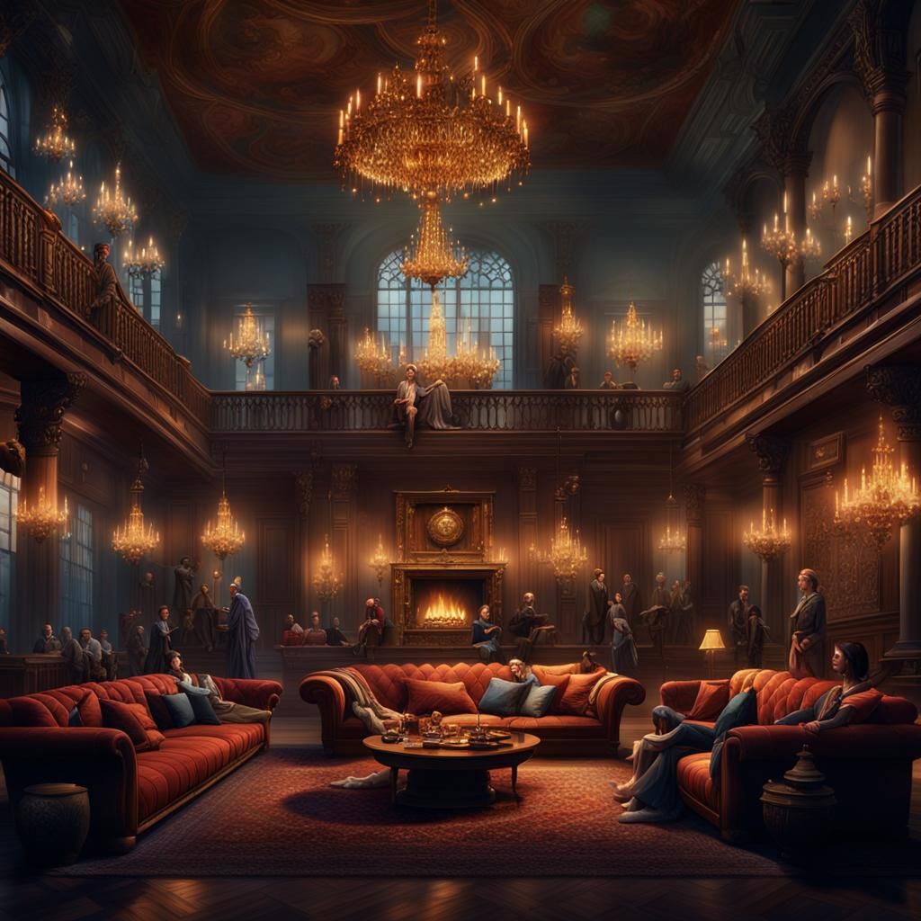 People Relaxing in Communal Hall: Fantasy Concept Art