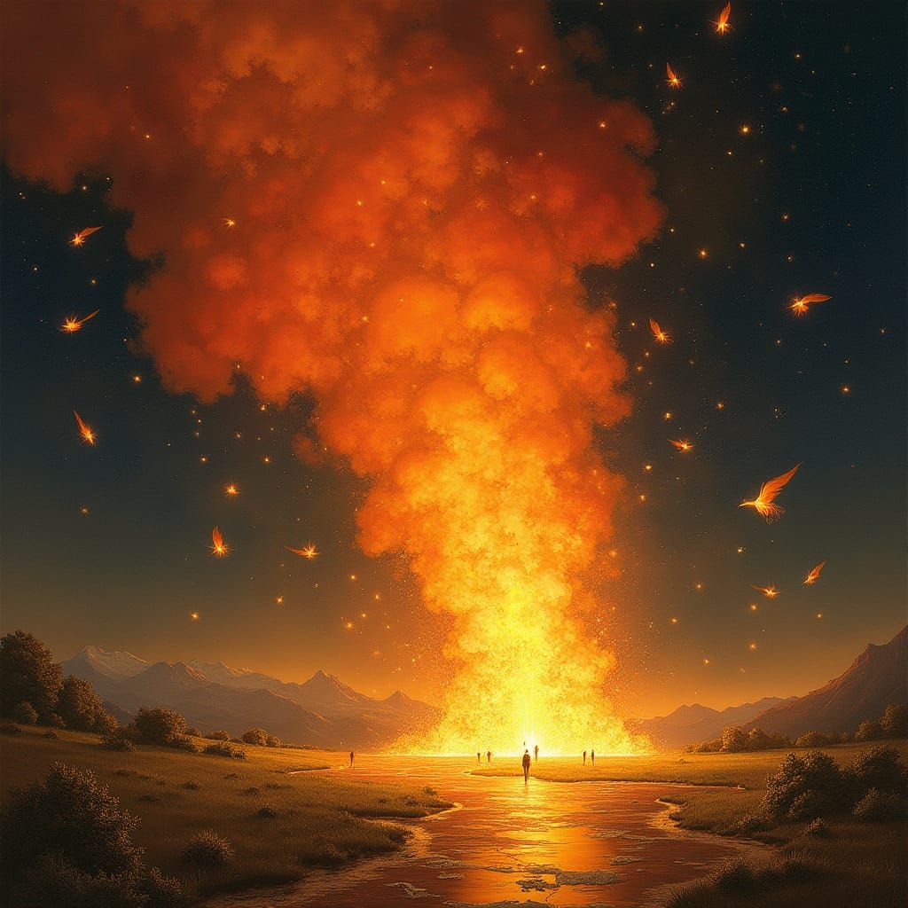 Golden Phoenix in Burning Forest, Inspired by Sci-Fi Art