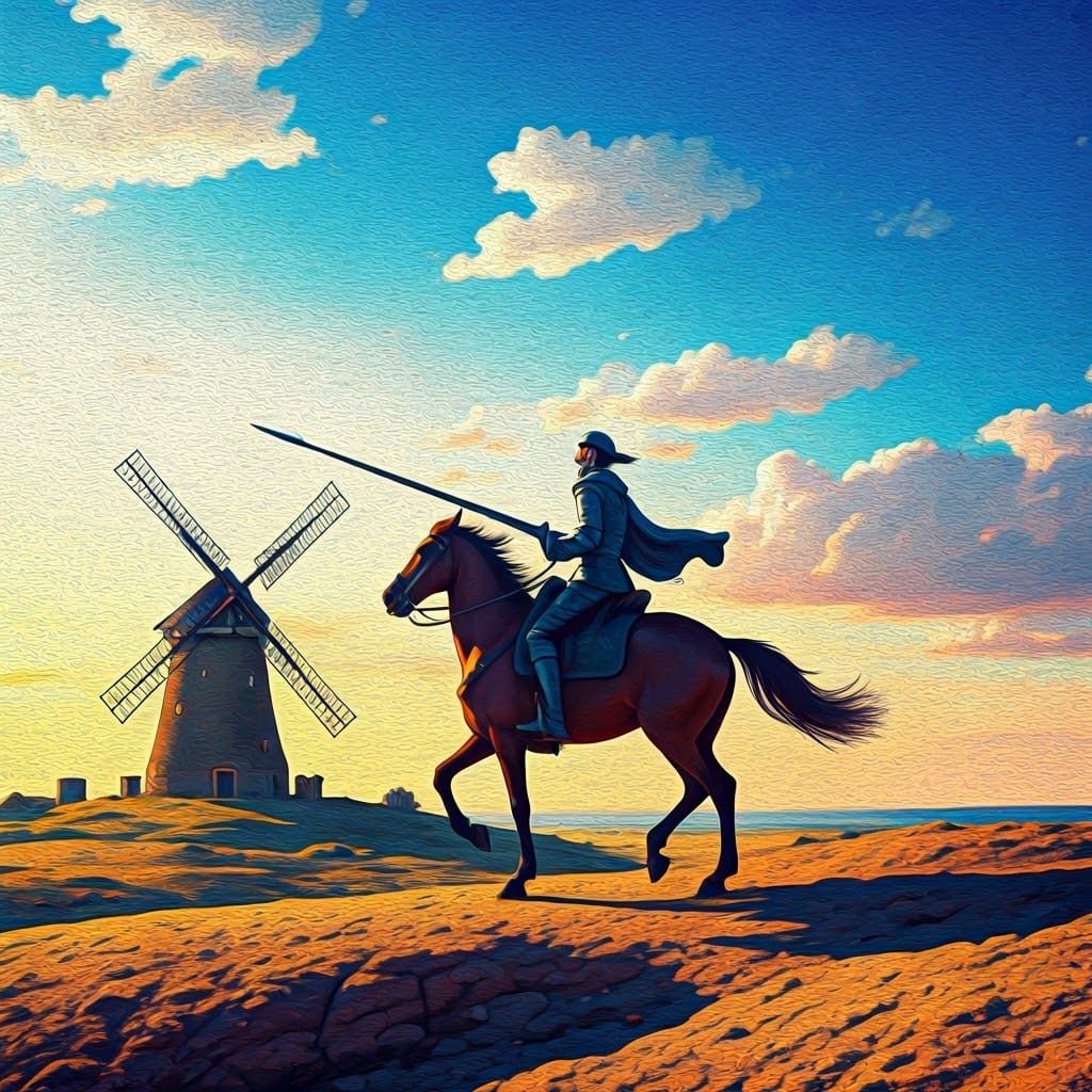 Don Quixote in Pointillism Style with Windmill