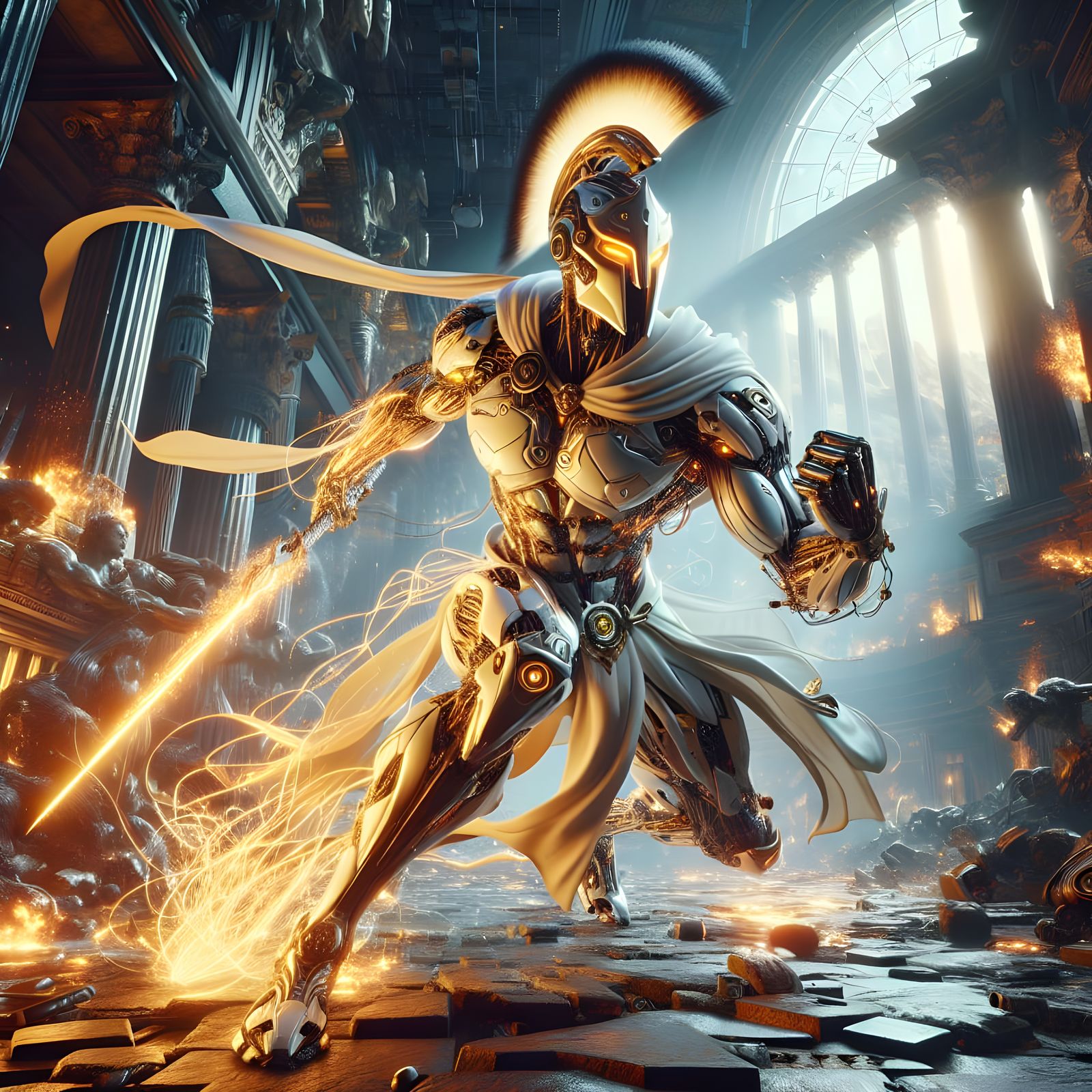 Cybernetic Spartan Warrior in Post-Apocalyptic Athens