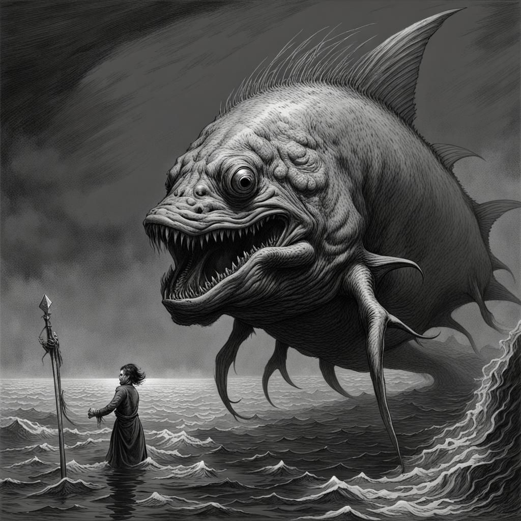 Demonic Eldritch Fish Beast in Gothic Horror Style