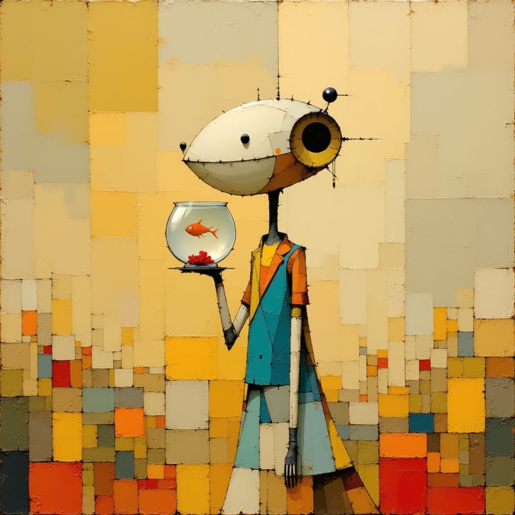 Cute Robot Holding a Fishbowl