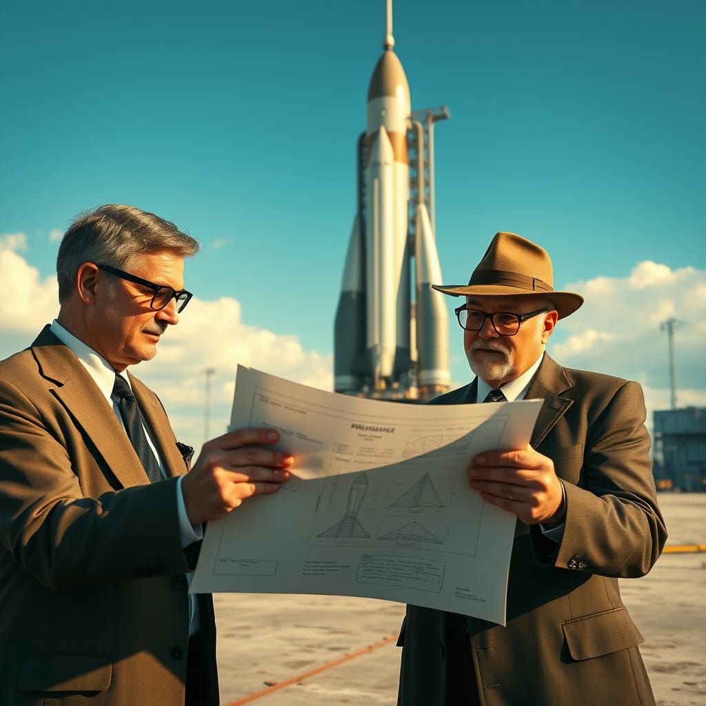Men in Business Attire Study Retro Space Rocket Blueprints