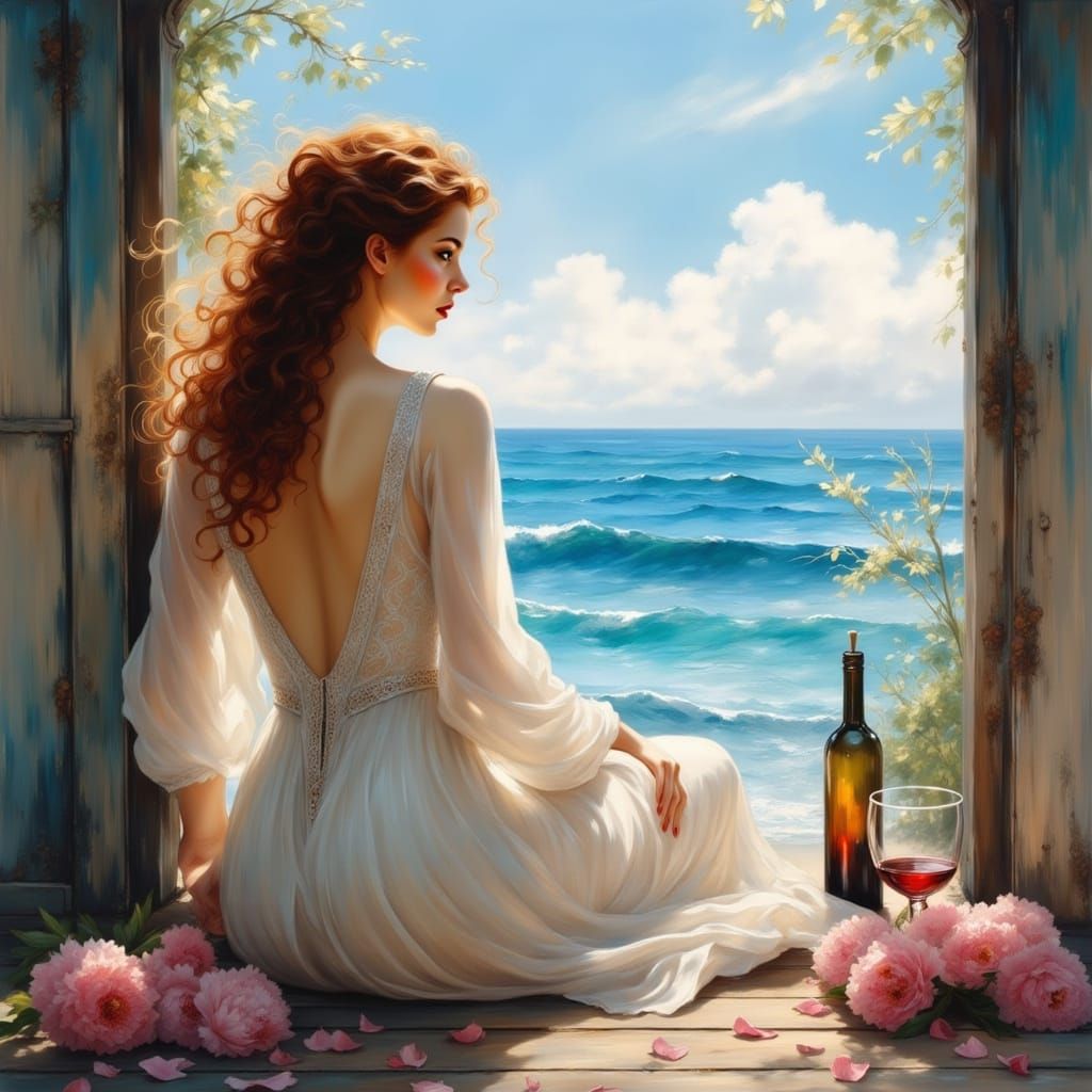 Impressionist Oil Painting Of Woman Gazing At Ocean Horizon