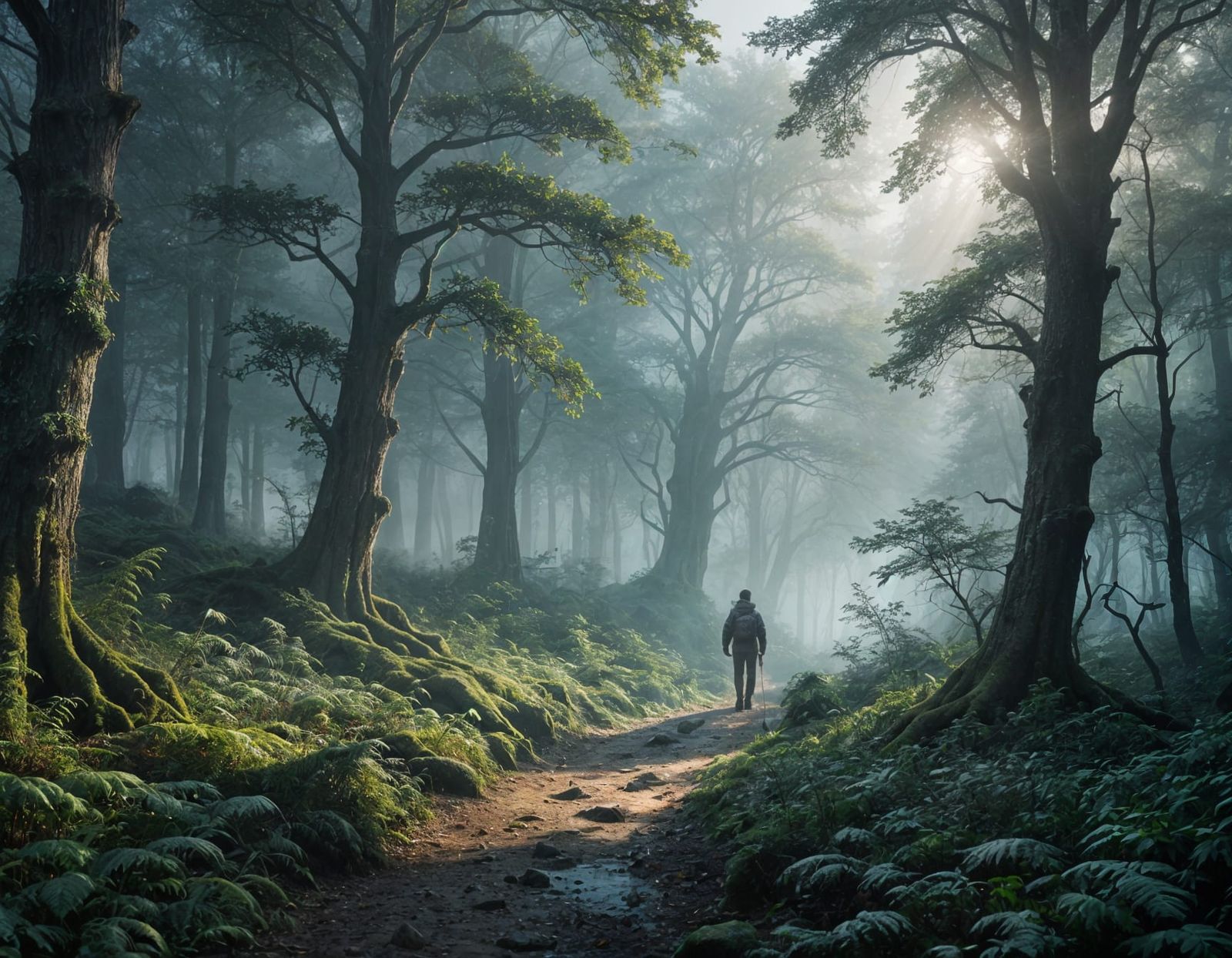 Traveler in Enchanted Foggy Forest with Glowing Mist