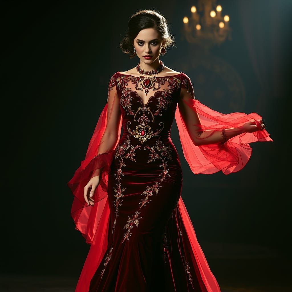 Crimson Bride in Golden Light, Cinematic Style