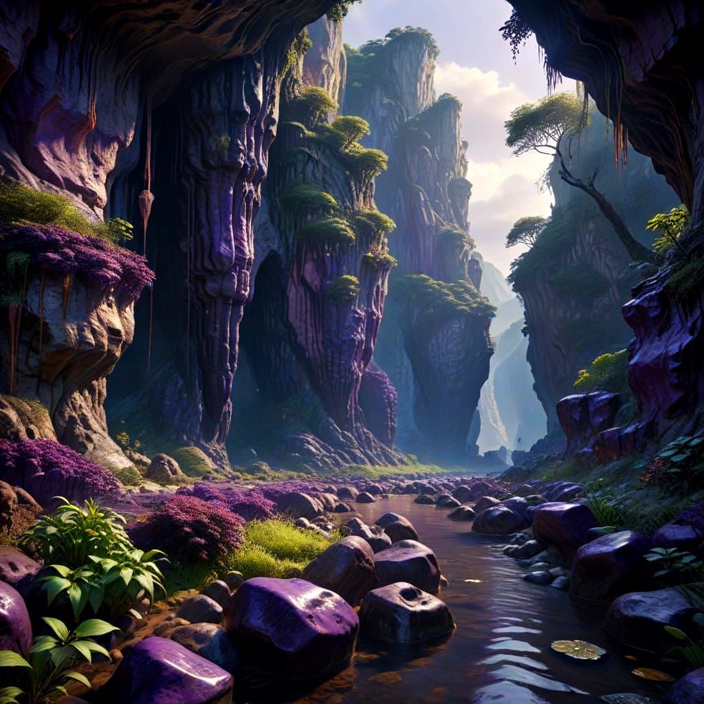 Epic Dark Purple Cliff Infinity Landscape in Hyperdetailed S...