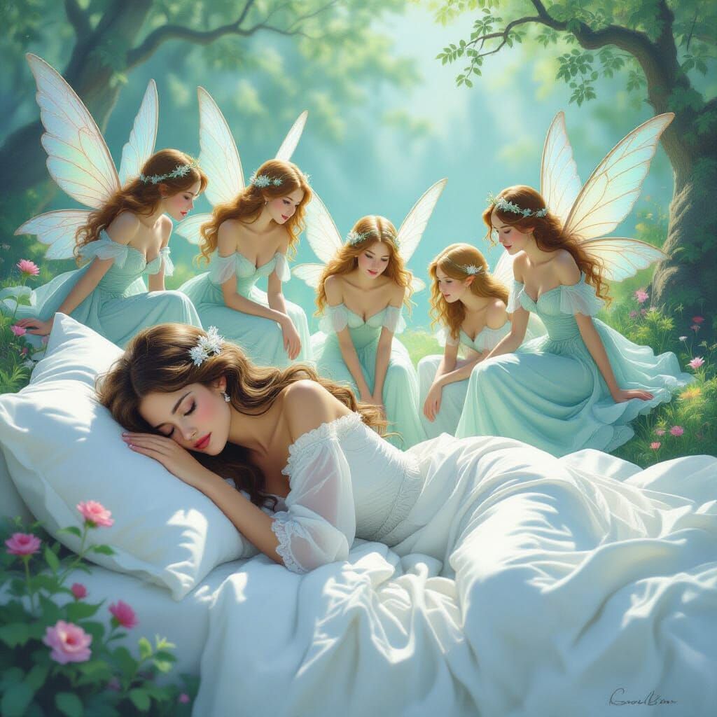 Dreamy Fairies Guarding Sleeping Woman