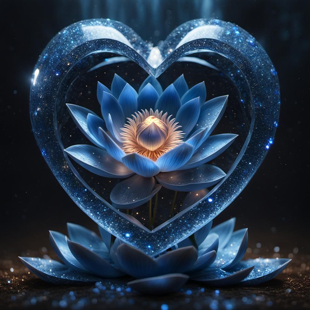 Crystal Heart with Blue Lotus in Photorealistic CGI