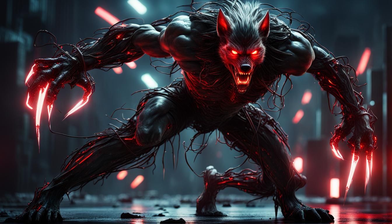 Cybernetic Werewolf Mutant in Cyberpunk Horror Style
