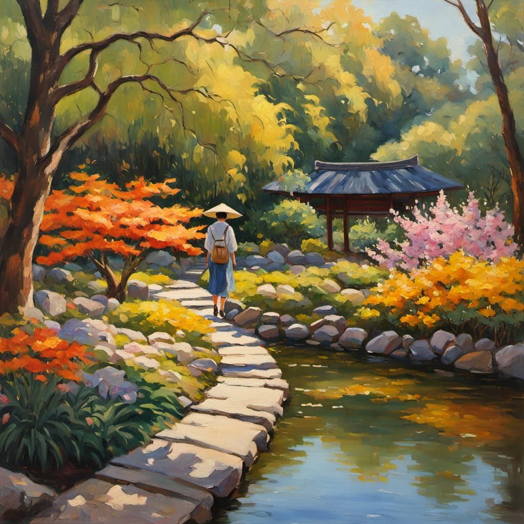 Japanese Garden Landscape in Impressionist Oil Painting