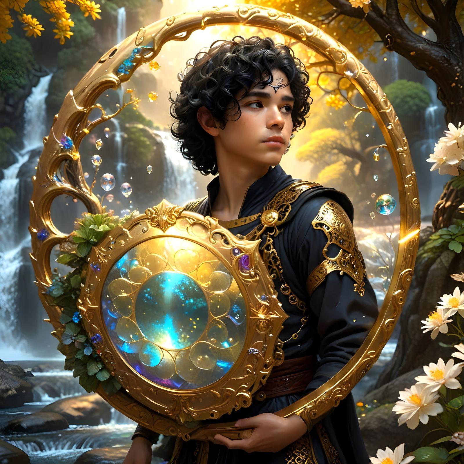 Boy in Wonder at Majestic Golden Shield Amidst Fantastical B...