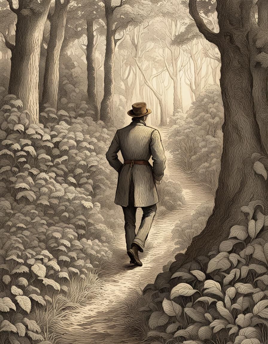 Man in Whimsical Victorian Forest, Intricate Line Work
