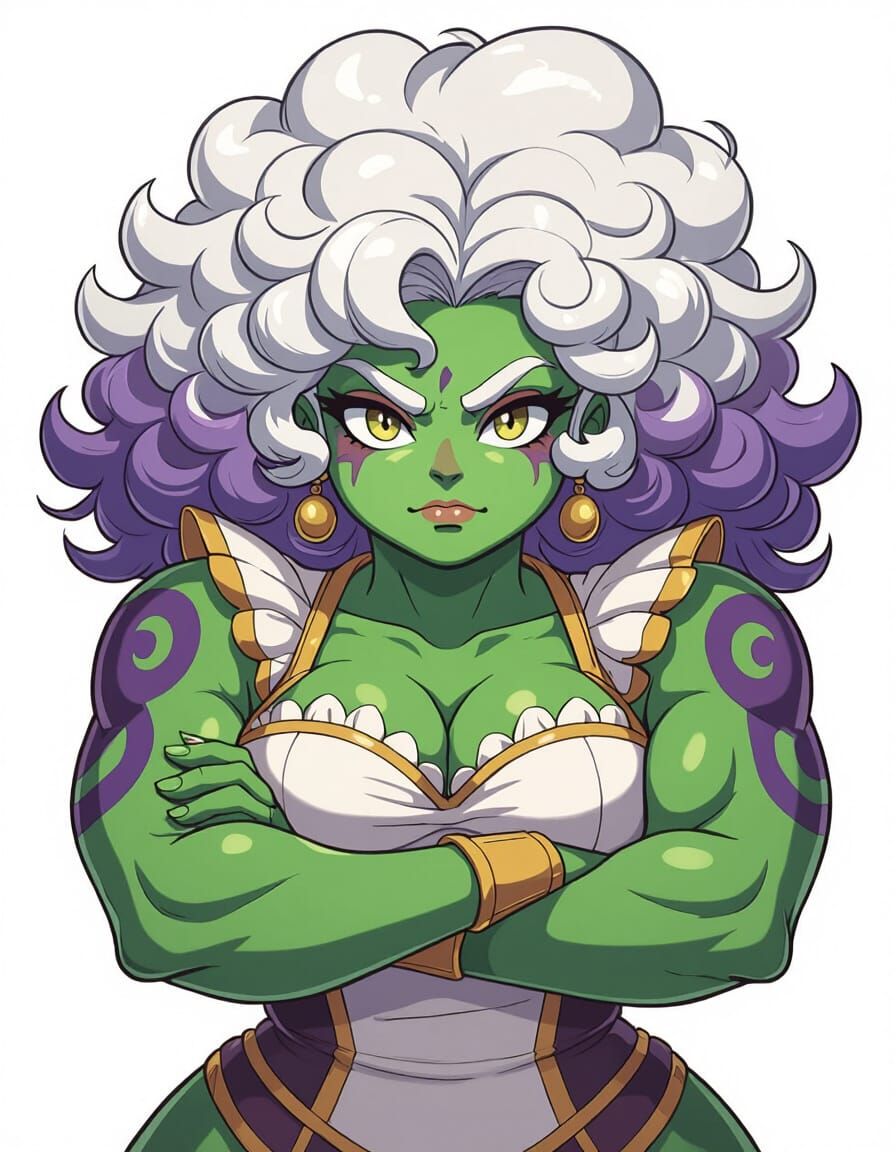 Cloud-Haired Woman with Green Skin and Purple Markings