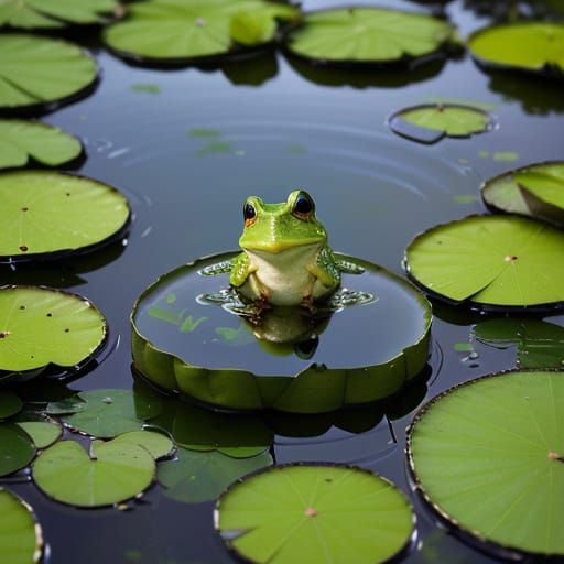 Hyperrealistic Frog on Pond Trampoline in Golden Light