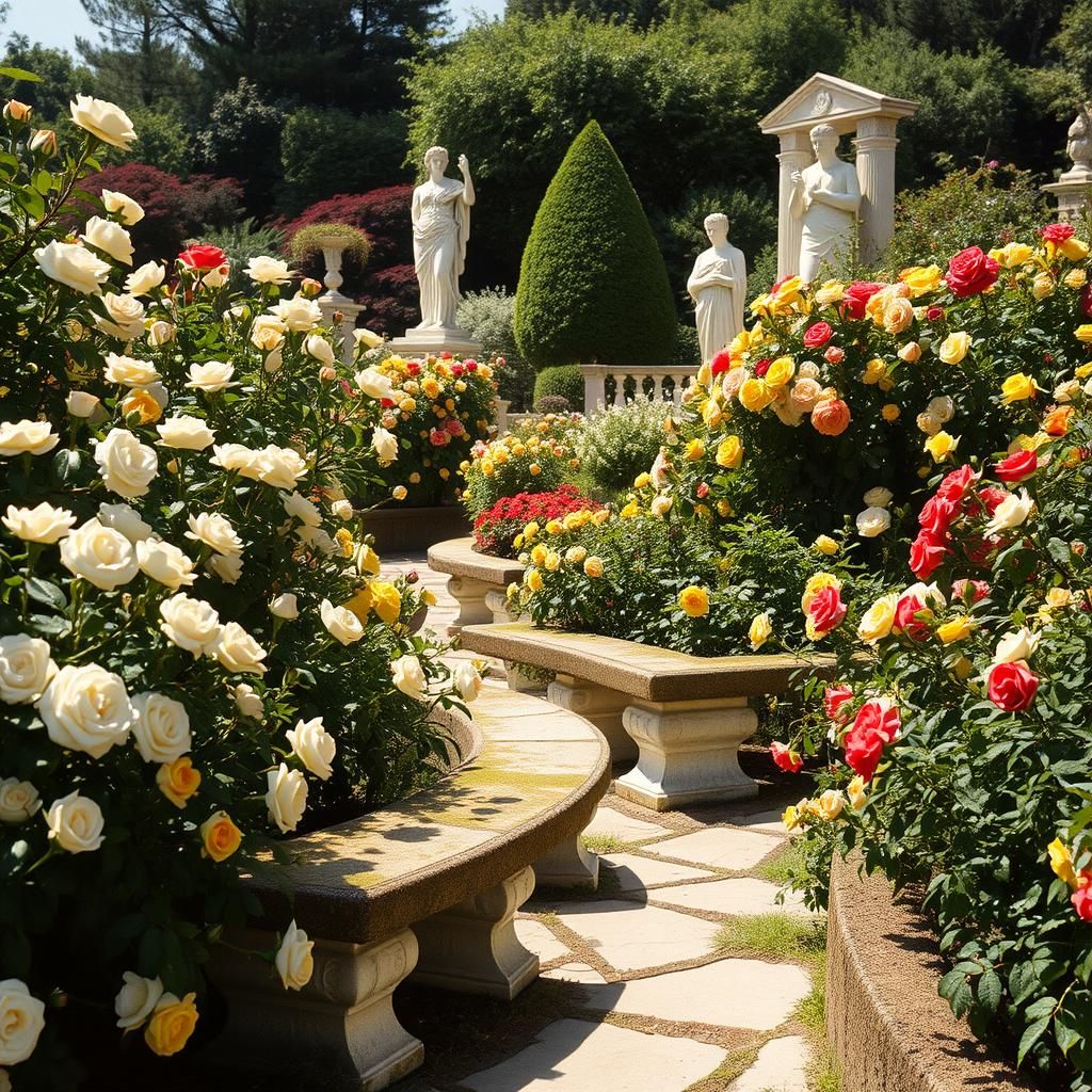 Lush Rose Garden with Greek Statues: Cinematic Realism