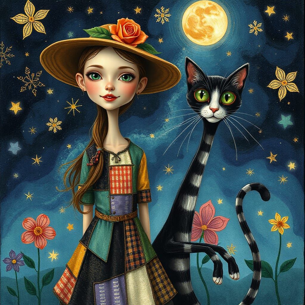 Whimsical Night Scene with Pointillism Textures