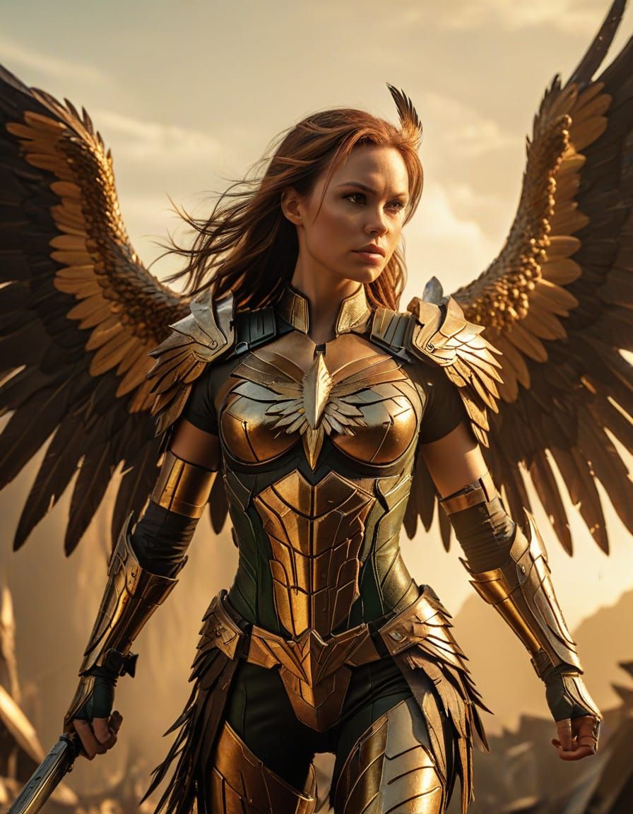 Hawkgirl Soars with Golden Hour Glory in DC Comics Style