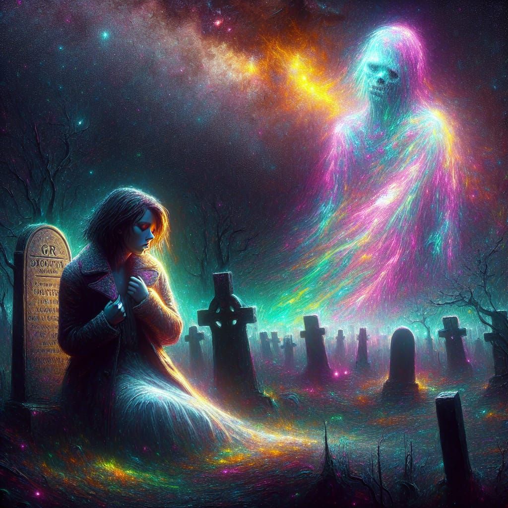 Melancholy Cemetery Scene with Galaxy, as Acrylic Painting