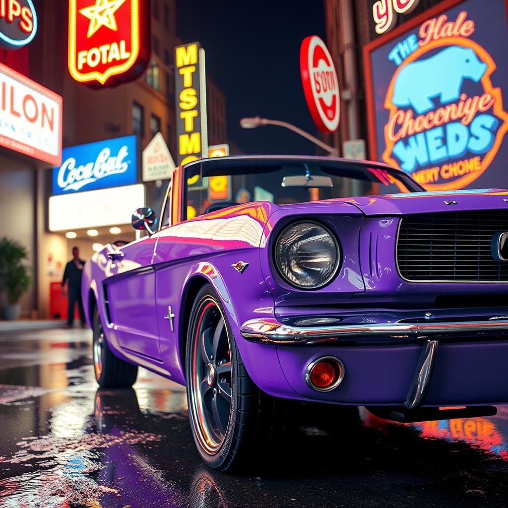Vibrant Purple 1965 Mustang Convertible in Urban Cartoon Sty...