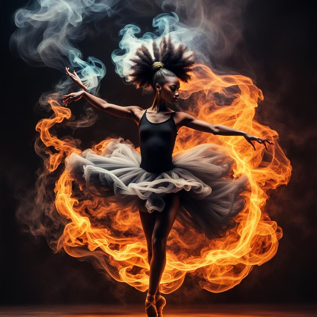 Afrofuturistic Smoke Ballerina Dancing in Flames