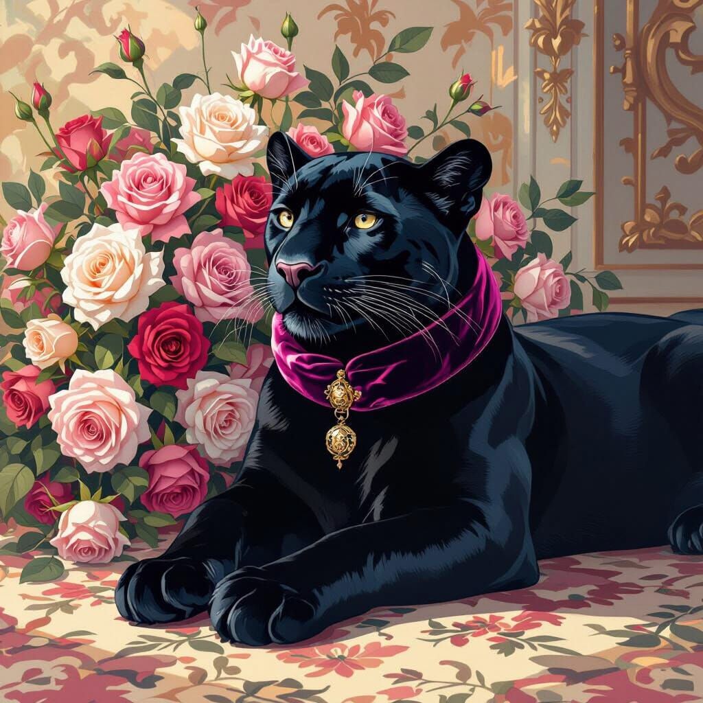 Panther Surrounded by Roses in Dreamlike Style