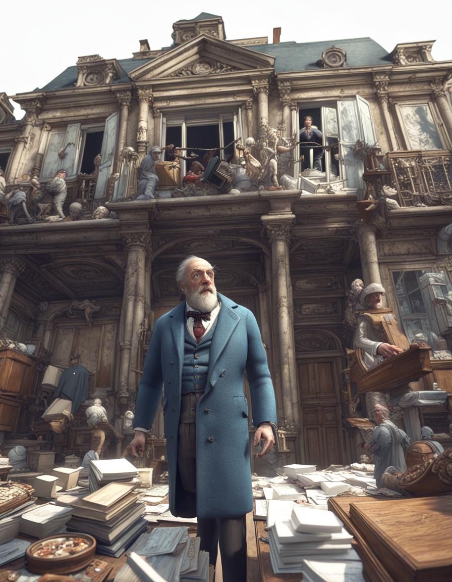 Antique Dealer Caught in Tornado of Objects, 3D Render