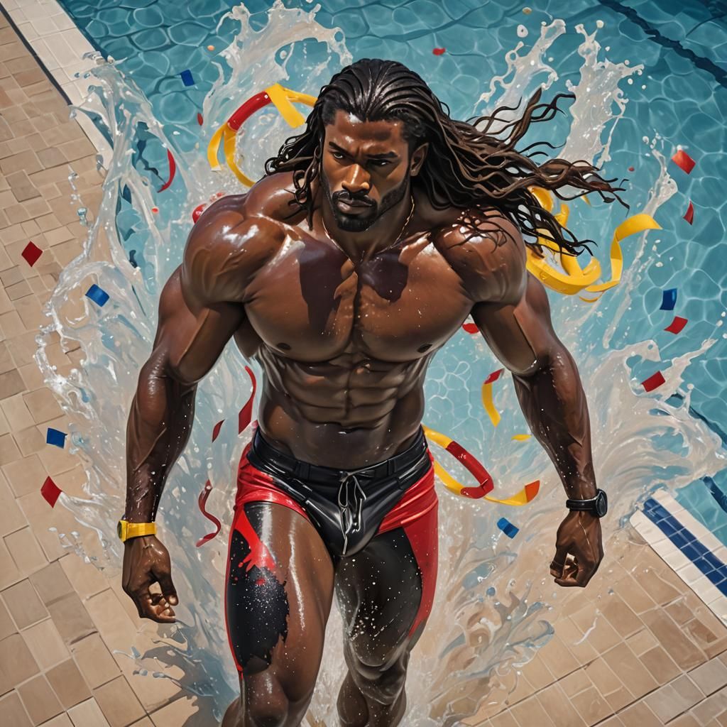 Hyperrealistic Lifeguard at Pool Edge in Splash Art