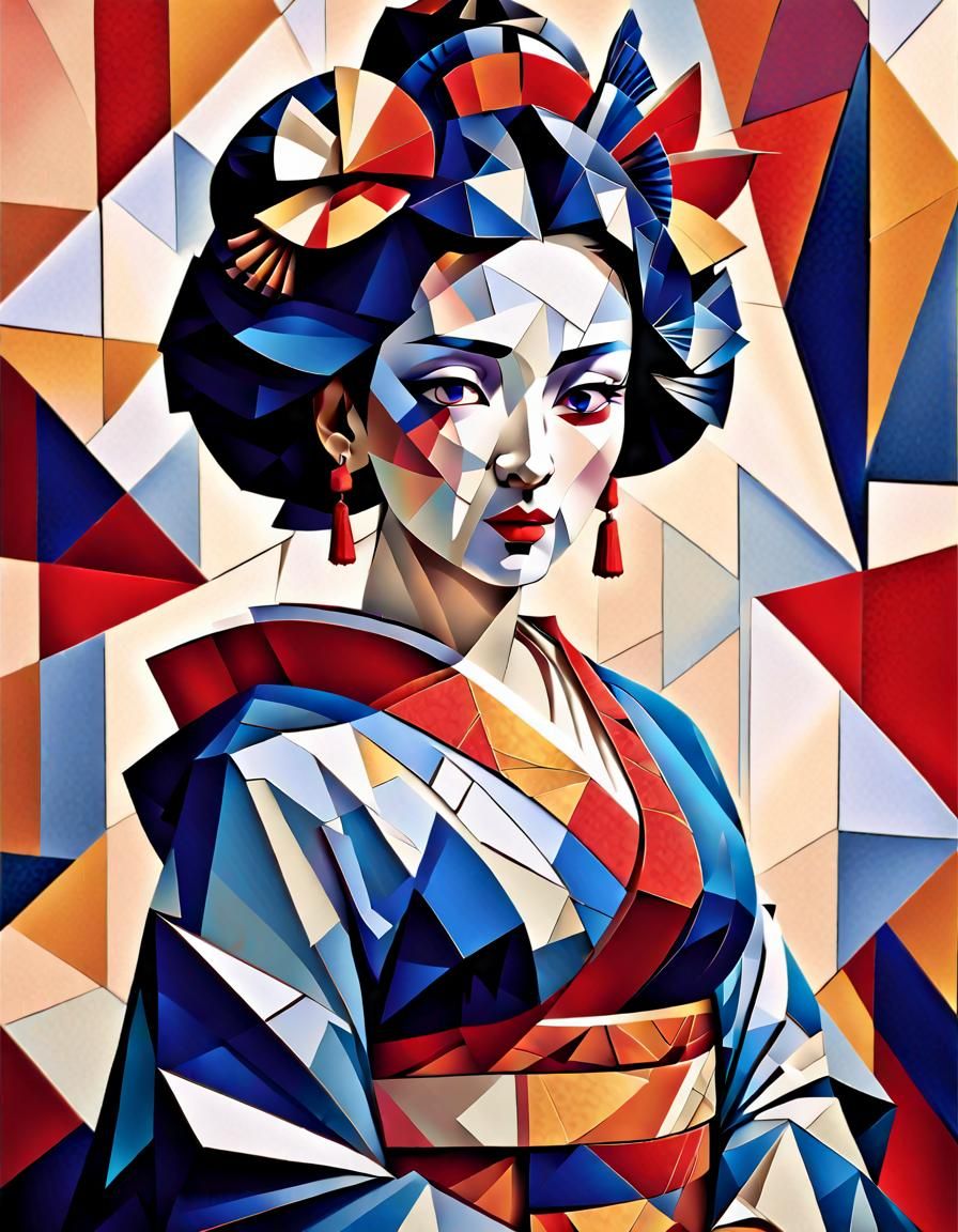 Geometric Geisha in Cubist Art Deco Style