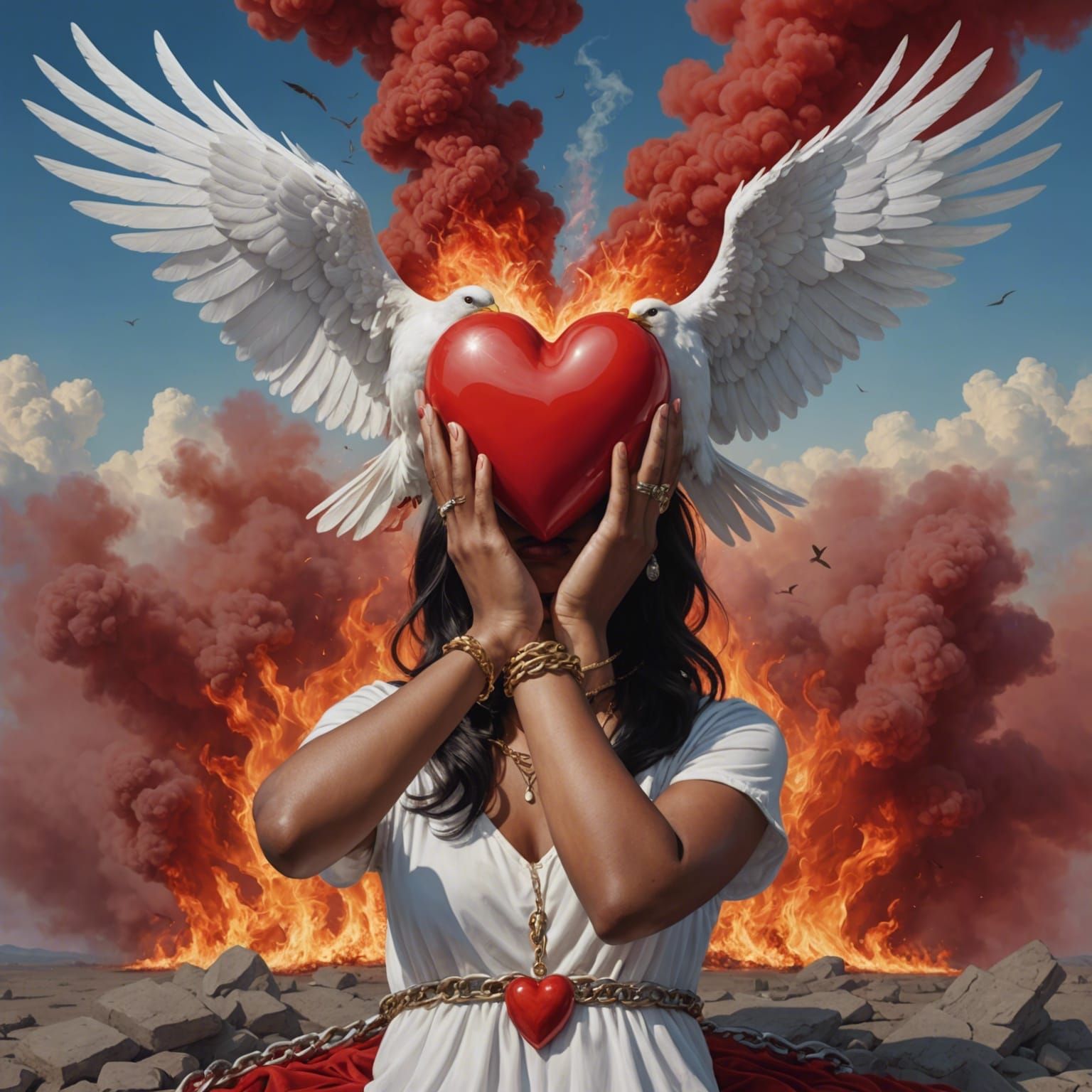 Hands Holding Heart in Sky with Crying Eye