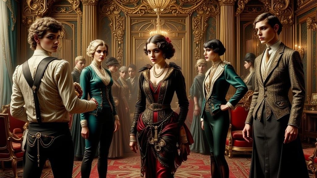 Drab Victorians in Opulent Art Nouveau Ballroom Oil Painting