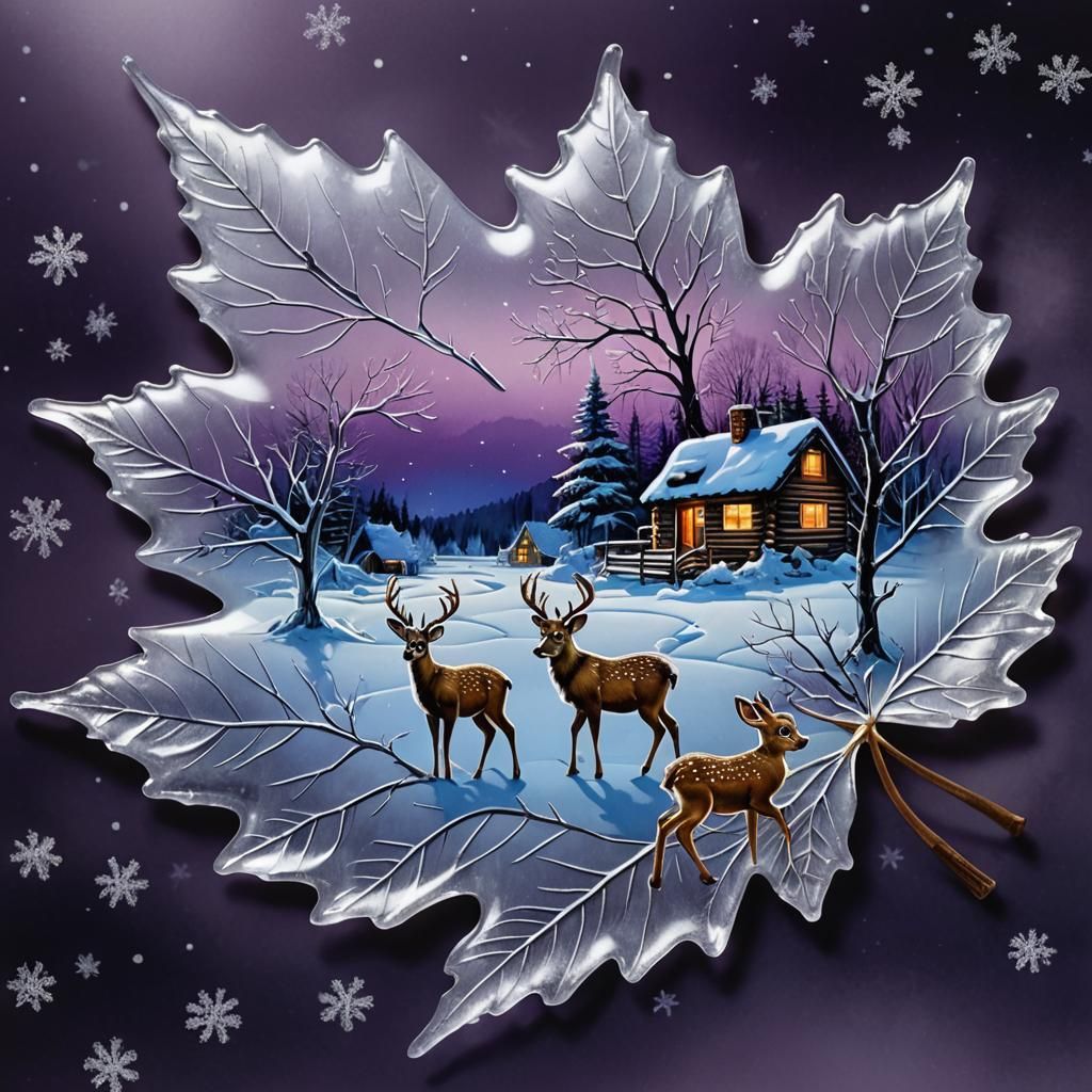 Frozen Leaf with Deer: Expressionist Winter Landscape