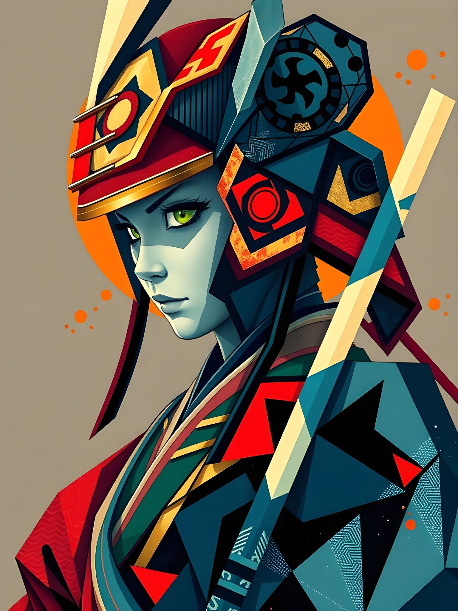 Geometric Samurai Goddess with Fragmented Perspectives