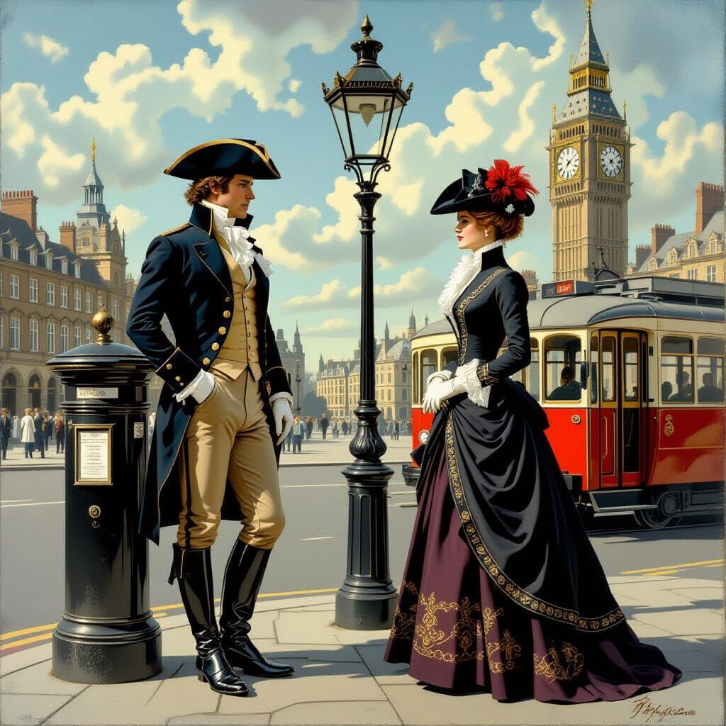 Regency Gent Waits for Tram in Surrealist Style