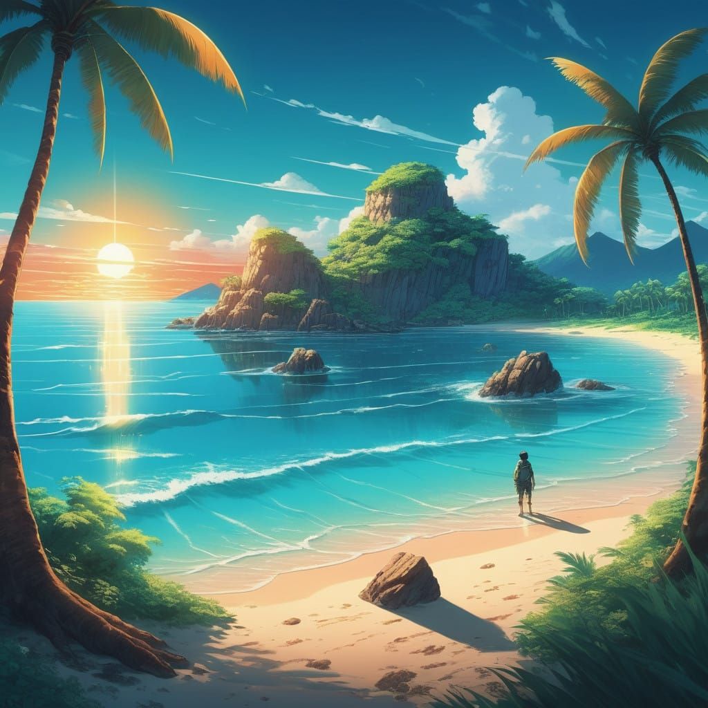 Vibrant Deserted Island Paradise in Anime Style