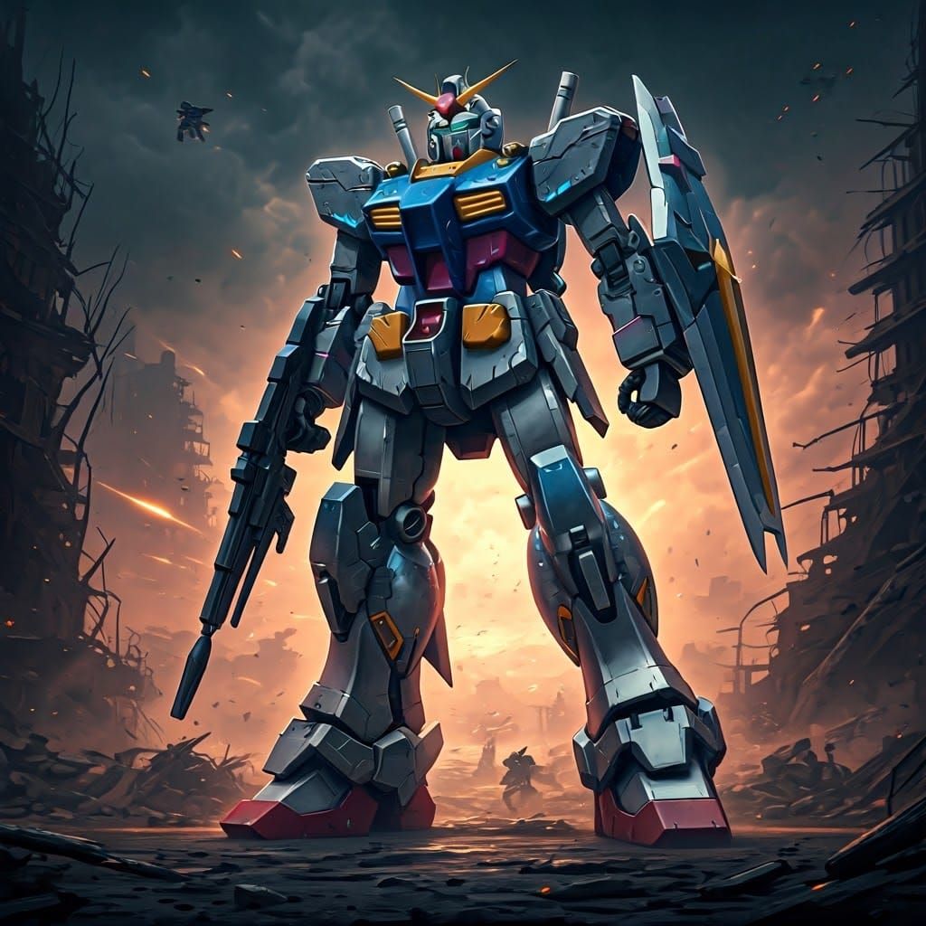 Gundam Mobile Suit in Dystopian Cityscape, 8K Render