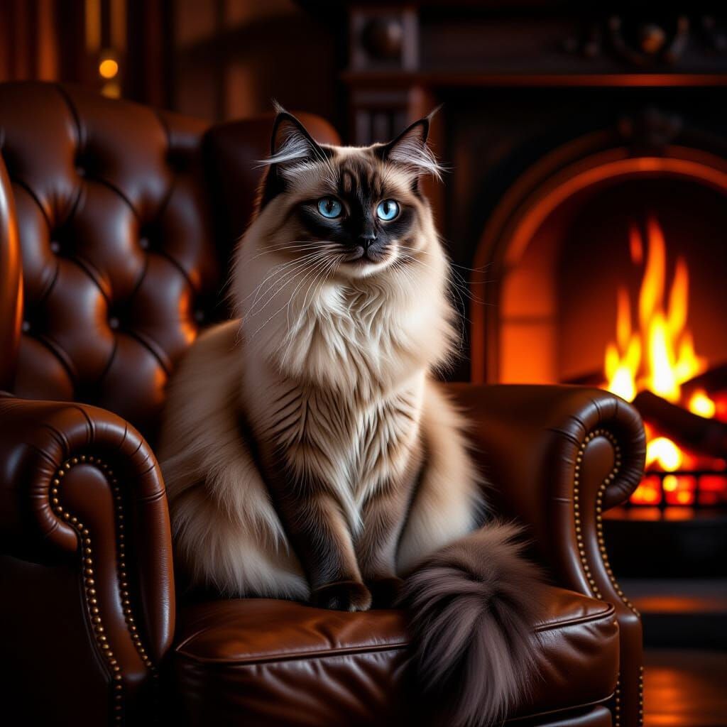 Majestic Grey Siamese Cat by Fireplace in Matte Painting Sty...