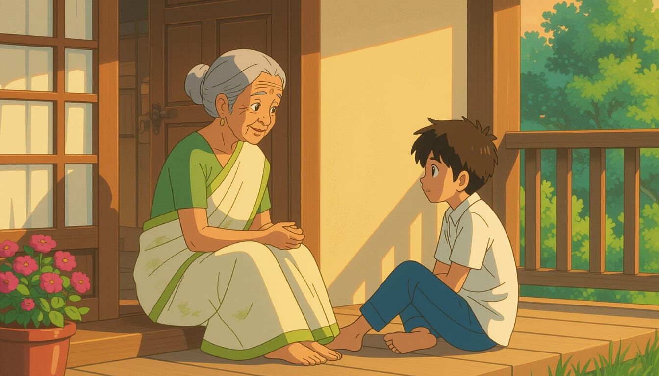 Elderly Indian Granny Telling Stories on Porch